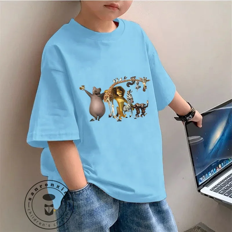 Cute Kids T-Shirt Lightweight Summer Tee Madagascar Cartoon Design Fashion Soft Breathable for Students Casual Sports Versatile