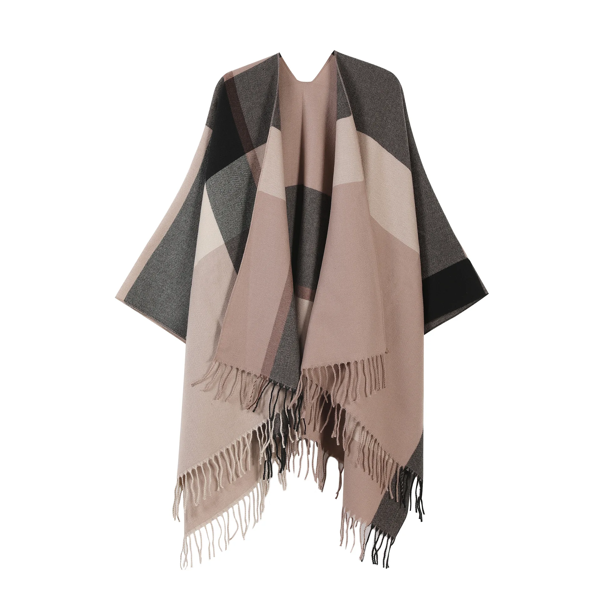 Fashion Vintage Contrast Color Blocks Stripes Acrylic Cashmere Poncho Shawl Unisex Spring Autumn Winter Cape Travel Cloak Red