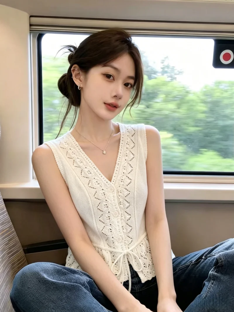 

Korean Style V-Neck Knitted Hollow out Sleeveless Women's Vest Summer New Belted Waist-Cinching Top Self-Keeping Design