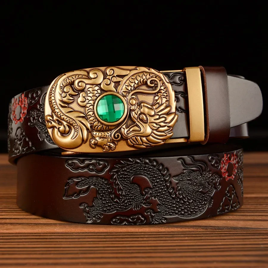 New Male Grain Leather Brand Dragon Designer Automatic Buckle Men's Belt Genuine Leather Belt Silver Golden Belts for Men