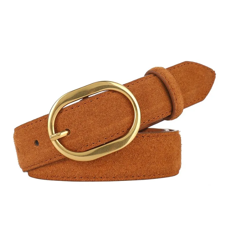 Cinturón clásico con hebilla redonda para mujer, cinturilla de piel de vaca de ante, combinación perfecta para pantalones vaqueros, moda para mujer