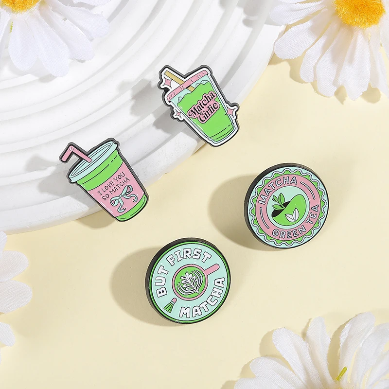 Matcha Green Tea Brooch Enamel Pins Custom Matcha Girlie But First Matcha Milk Tea Brooch Backpack Badge Lapel Pin Jewelry Gifts