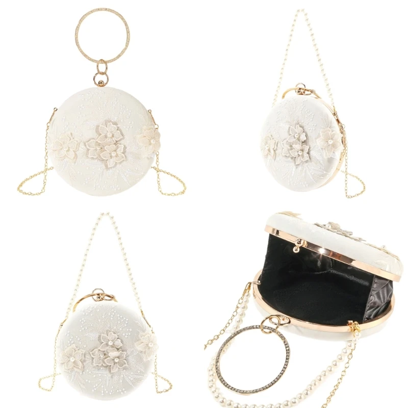 Sophisticated Pearls Round Handbag with Embroidery Evening Purse Shoulder Bag for Women Wedding Party Cultural Handbag