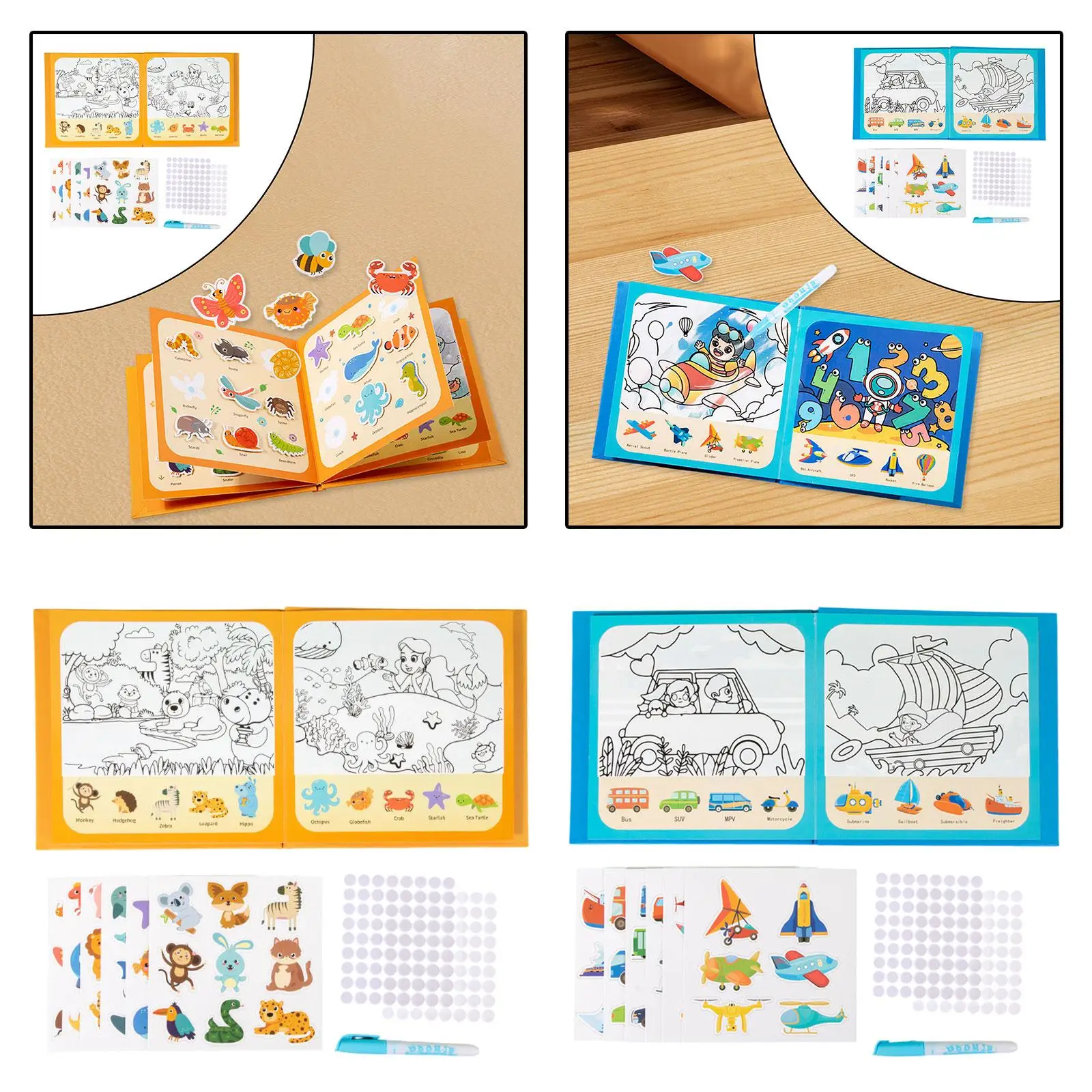 Libro de pegatinas reutilizable, tarjetas interactivas para colorear con agua, libro de viaje silencioso Montessori para viajes en casa, avión, niños y niñas