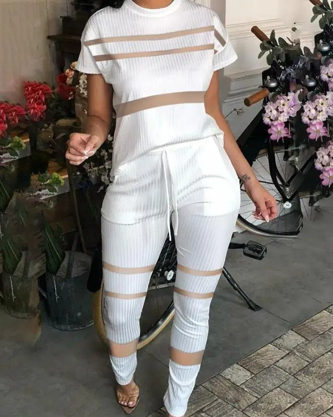 Two Piece Sets Womens Outifits 2023 Summer Fashion Ribbed Contrast Mesh O-Neck Short Sleeve Top & Drawstring Pocket Pants Set