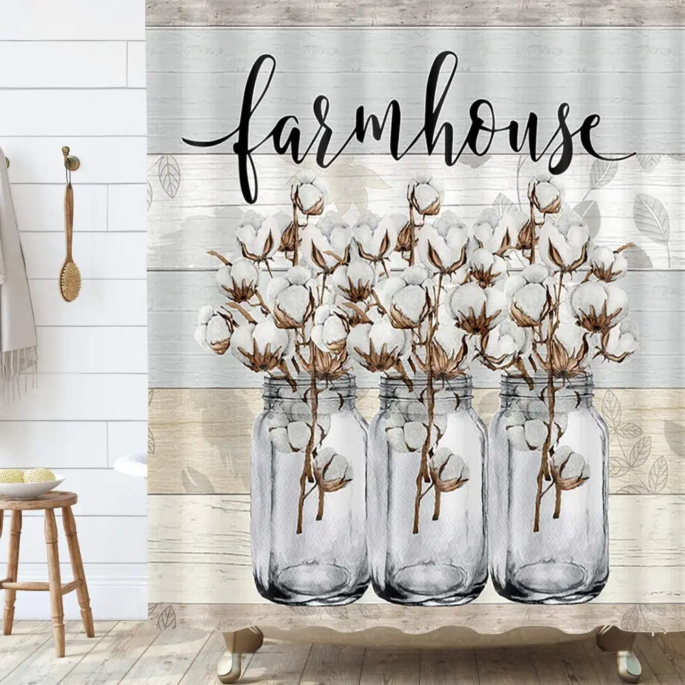 Farmhouse Floral Shower Curtain Cotton Flower in Gray Mason Jar Rustic Country Plank Fabric Bathroom Curtains with Hooks Sets