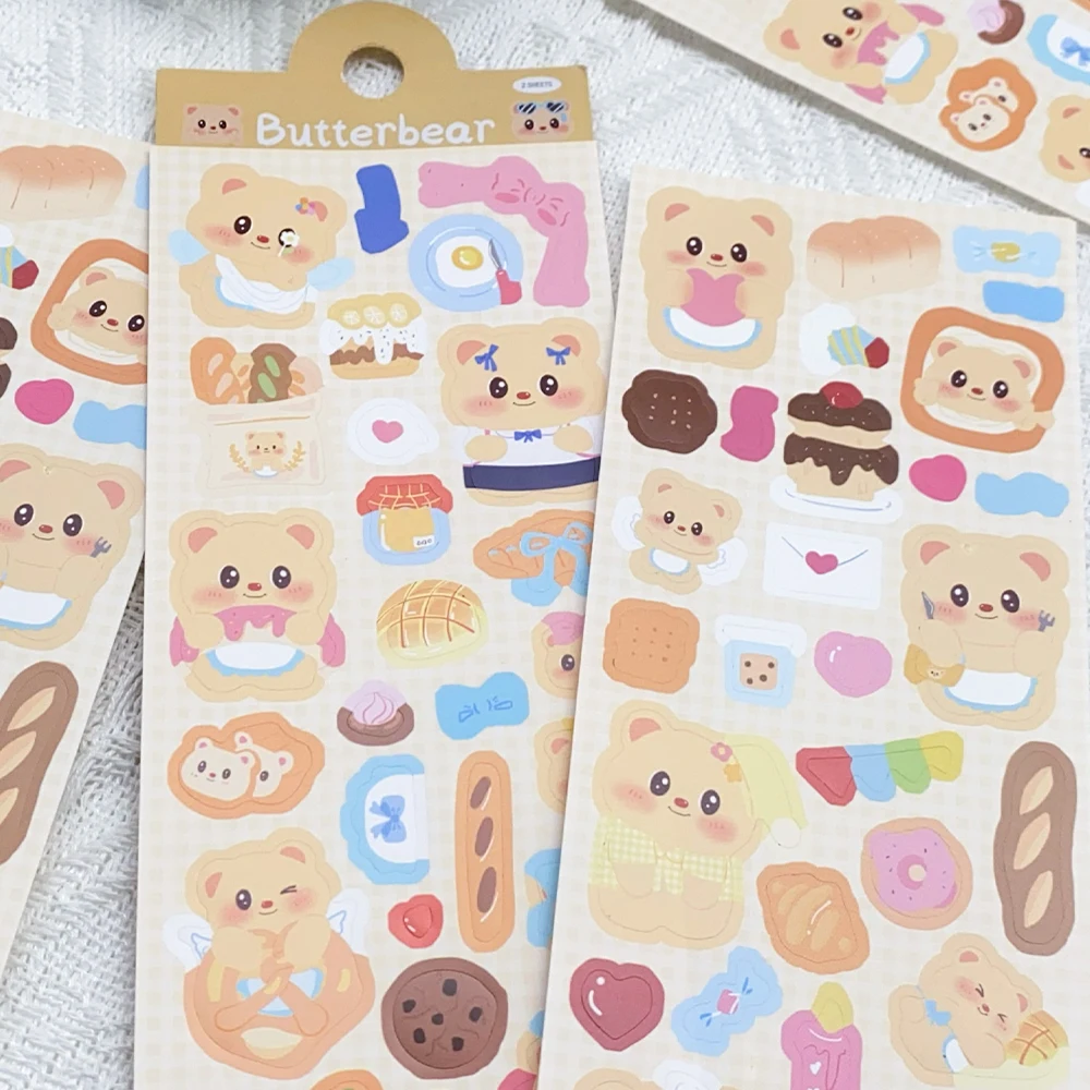 2Sheets Cartoon Cute Butter Bear PET Stickers Decals For Phone Laptop Luggage Notebook Guitar DIY Graffiti Aesthetic Stickers