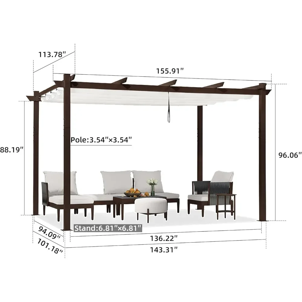 10' X 13' Outdoor Retractable Pergola, with Patio Sun Shade Canopy DIY Modern Heavy-Duty Brown Shelter ,Outdoor Canopy