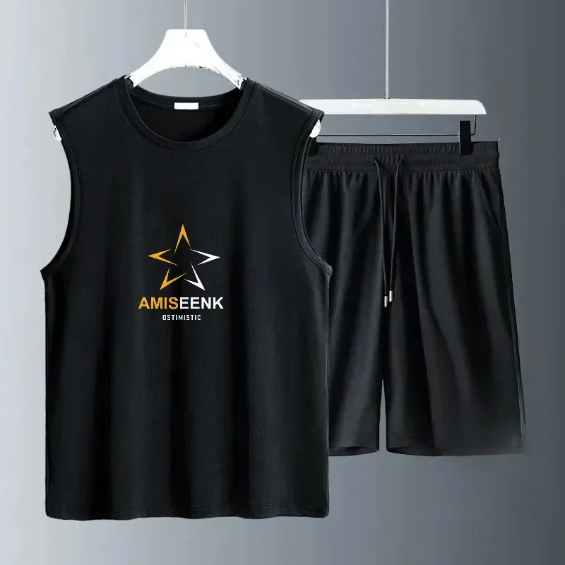 

Men's Sets 2025 Summer Thin Breathable Sleeveless Tops and Shorts Two-piece Set Lazy Loose Fashionable Basketball Sports Suit