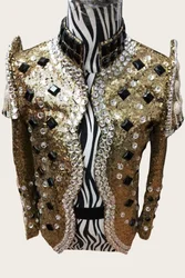 Customized Men's Crystal Mirror Gold Sequins Suit Jacket Host Singer Dancer Stage Costumes Club Bar Perfromance Dancewear