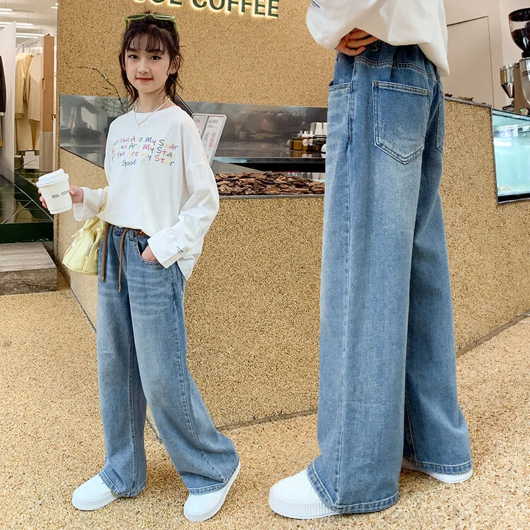 2025 جديد جينز بناتي عالي الجودة عتيق من قماش الدنيم بنطال ذو قصة أرجل واسعة ملابس أطفال بناطيل متينة غير رسمية لملابس المراهقين