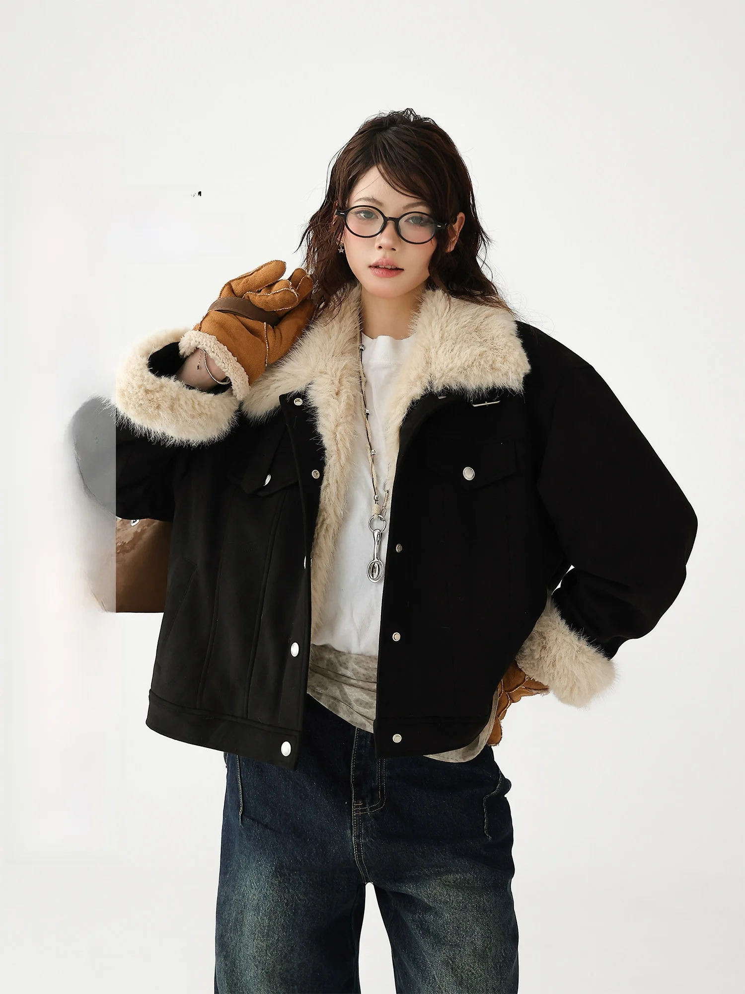 

AceStudios Premium Cotton Denim Jaet Thiened ort Sle Retro Splicing Fur Collar Women's Warm Outerwear Coat