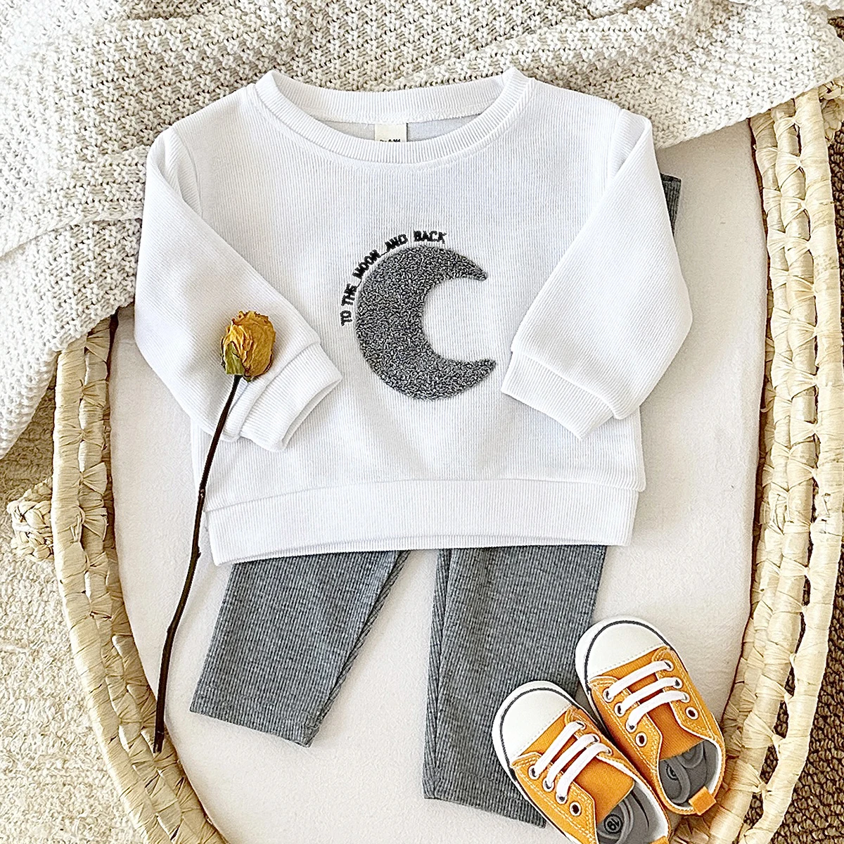 New Autumn Baby Boys Girls Clothes 2Pcs Plush Sun/Moon Organic Cotton Spring Newborn Baby Long Sleeve Casual Kids Clothing Sets