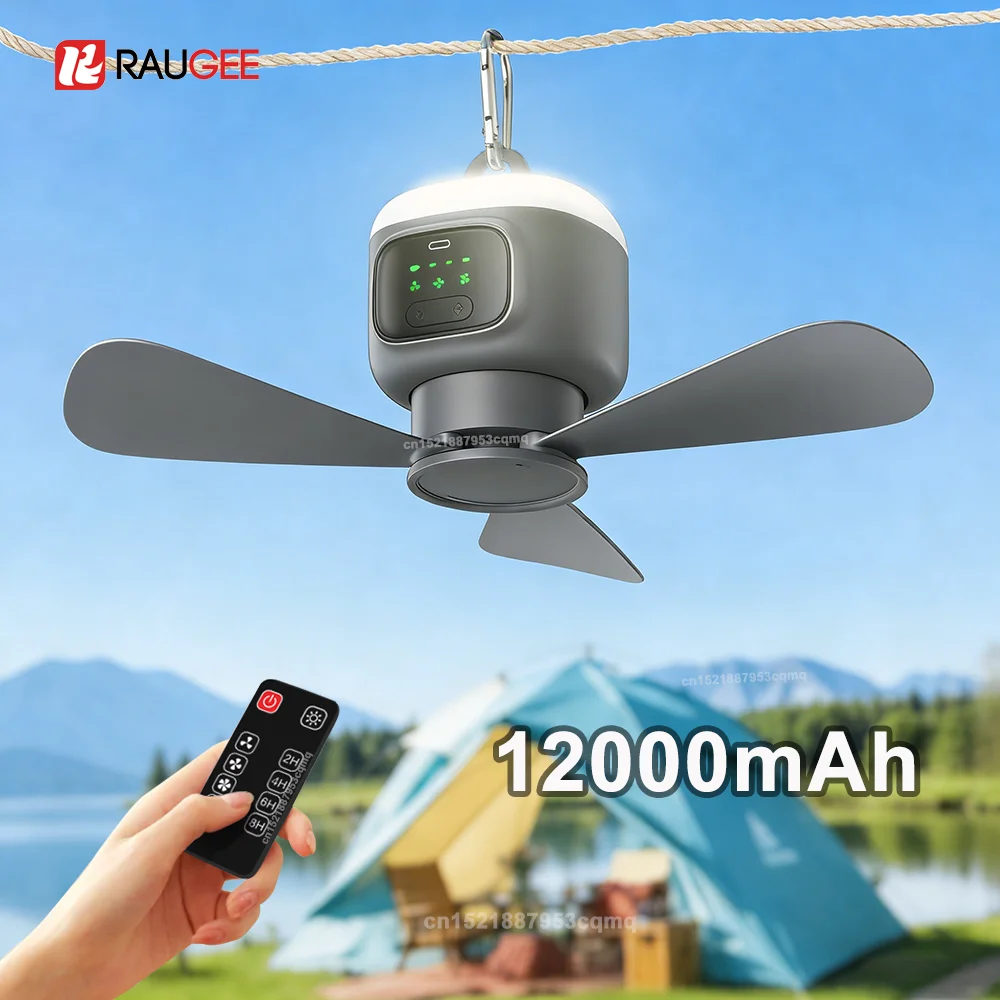 ポータブル天井ファン-12000mah-充電式キャンプファン-屋外ワイヤレステント天井ファン-ledライトリモコン付き空気循環器