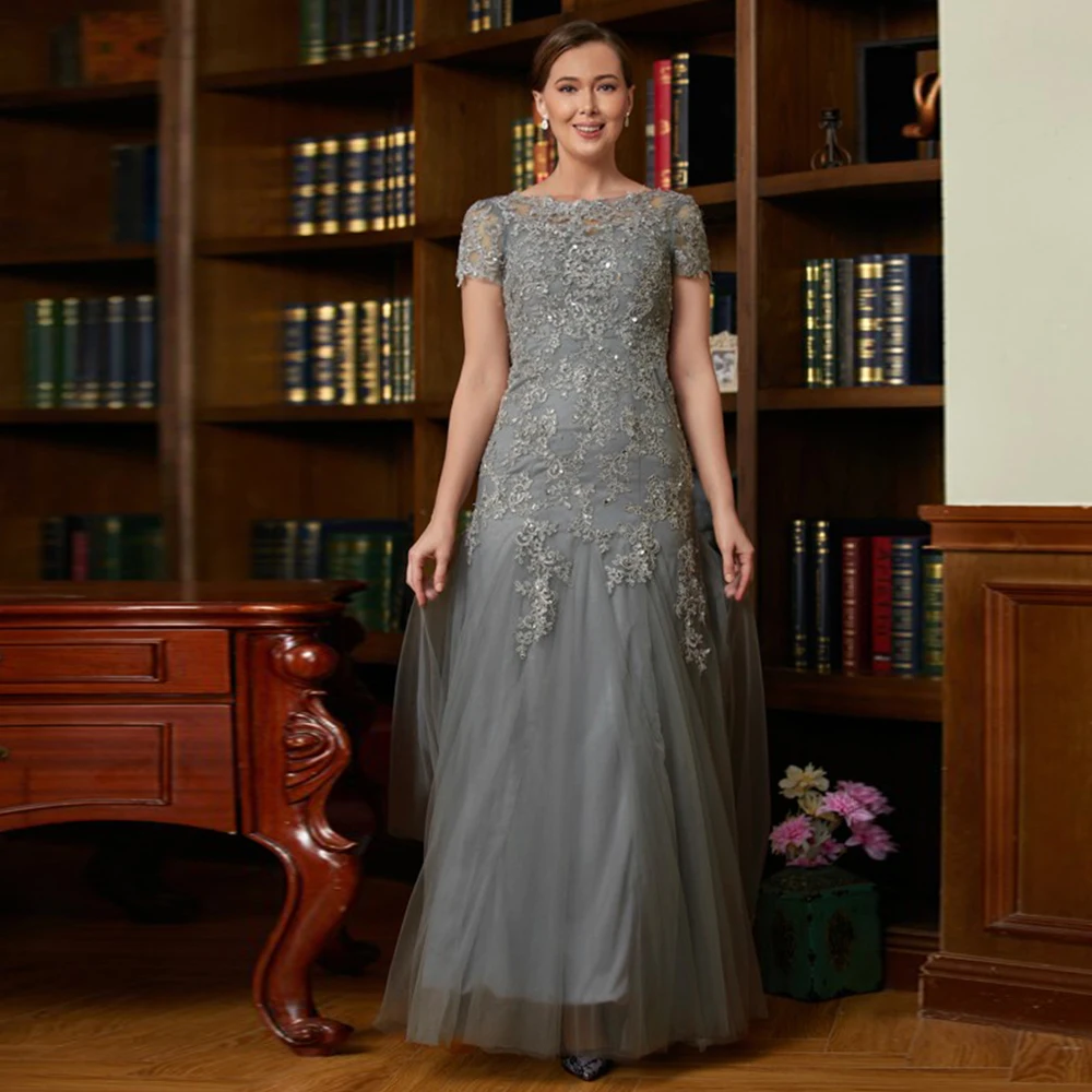 Gray Tulle Applique Elegant Mother Of The Bride Dresses For Weddings Short Sleeve Floor Length Evening Guest Party Gown Vestidos