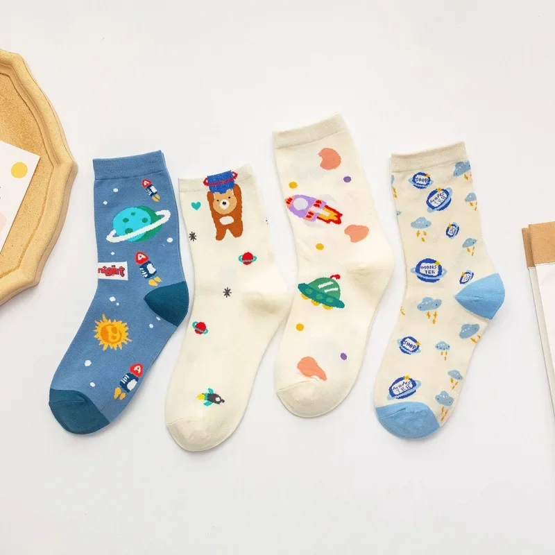 New Korean Space Cute Funny Socks Cotton Japanese Cartoon Astronaut Harajuku Socks Women Personality Planet