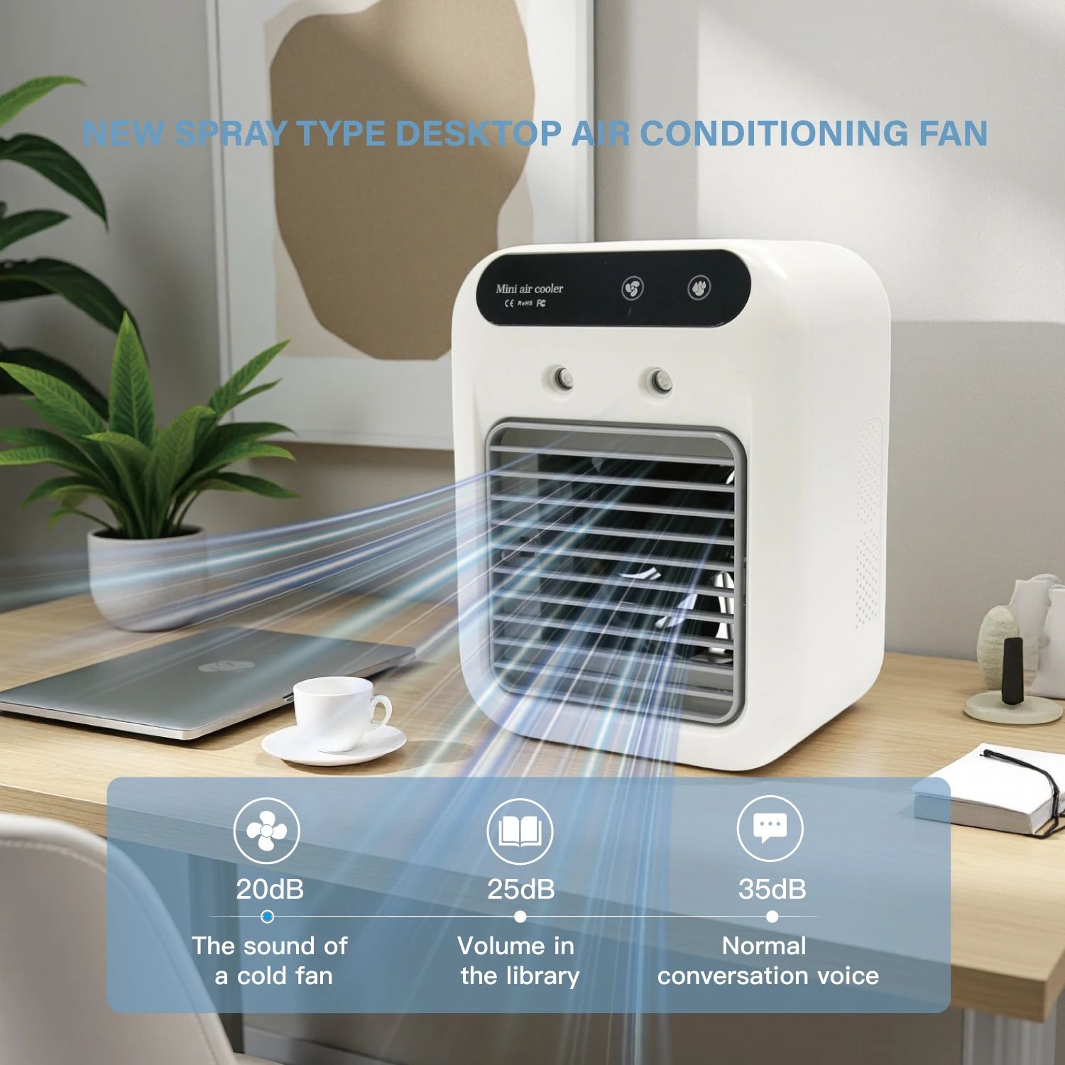 Portable USB Mini Air Conditioner Fan with 2 Speeds, Touch Control & Mist Spray for Office & Dorm, Fast 3-Second Cooling