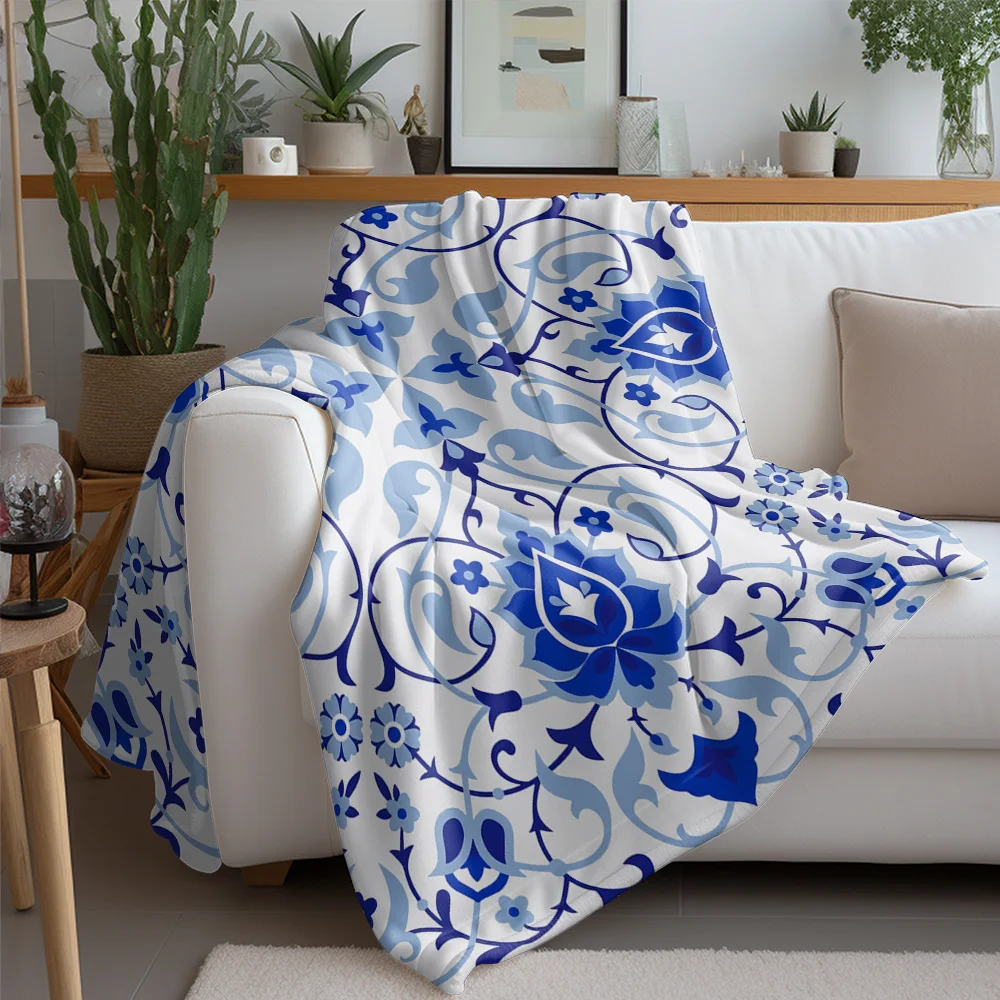Turkish Iznik Blue Floral Ceramic Pattern Waterproof Blanket Sofa Bed Throw Cotton Quilt