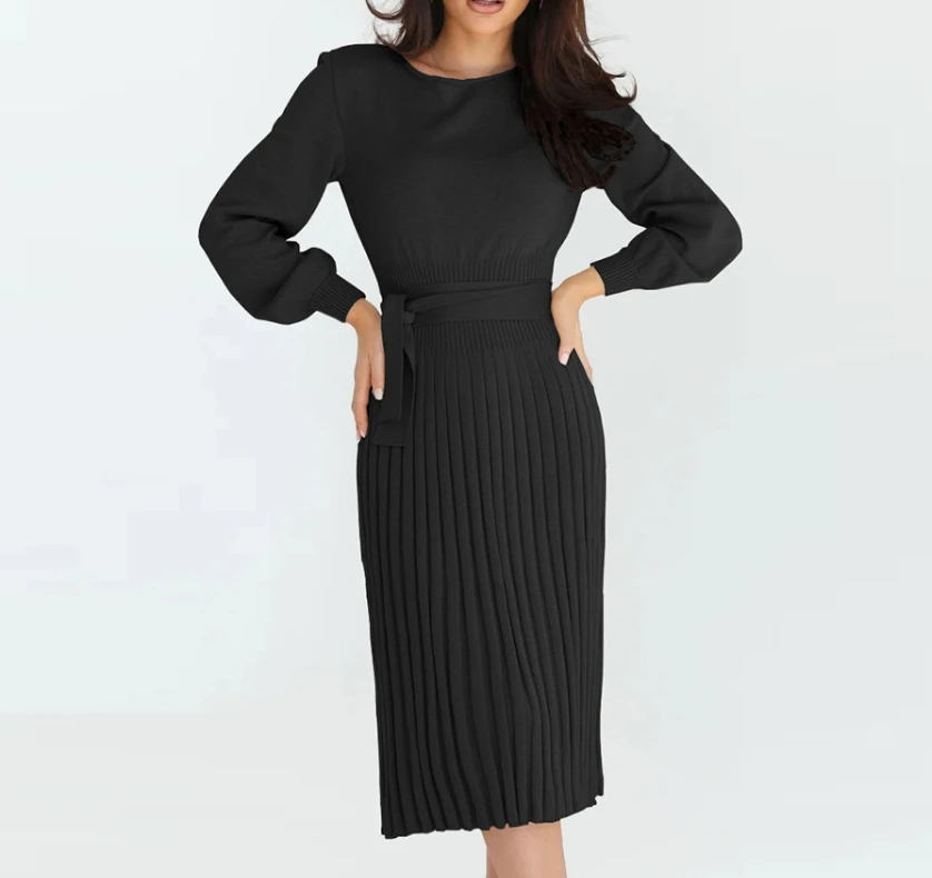 Knitted Dress Slim Fit Pleated Mid Length Lantern Long Sleeved Solid Color Lace Up Waist Slimming Base Sweater Long Skirt