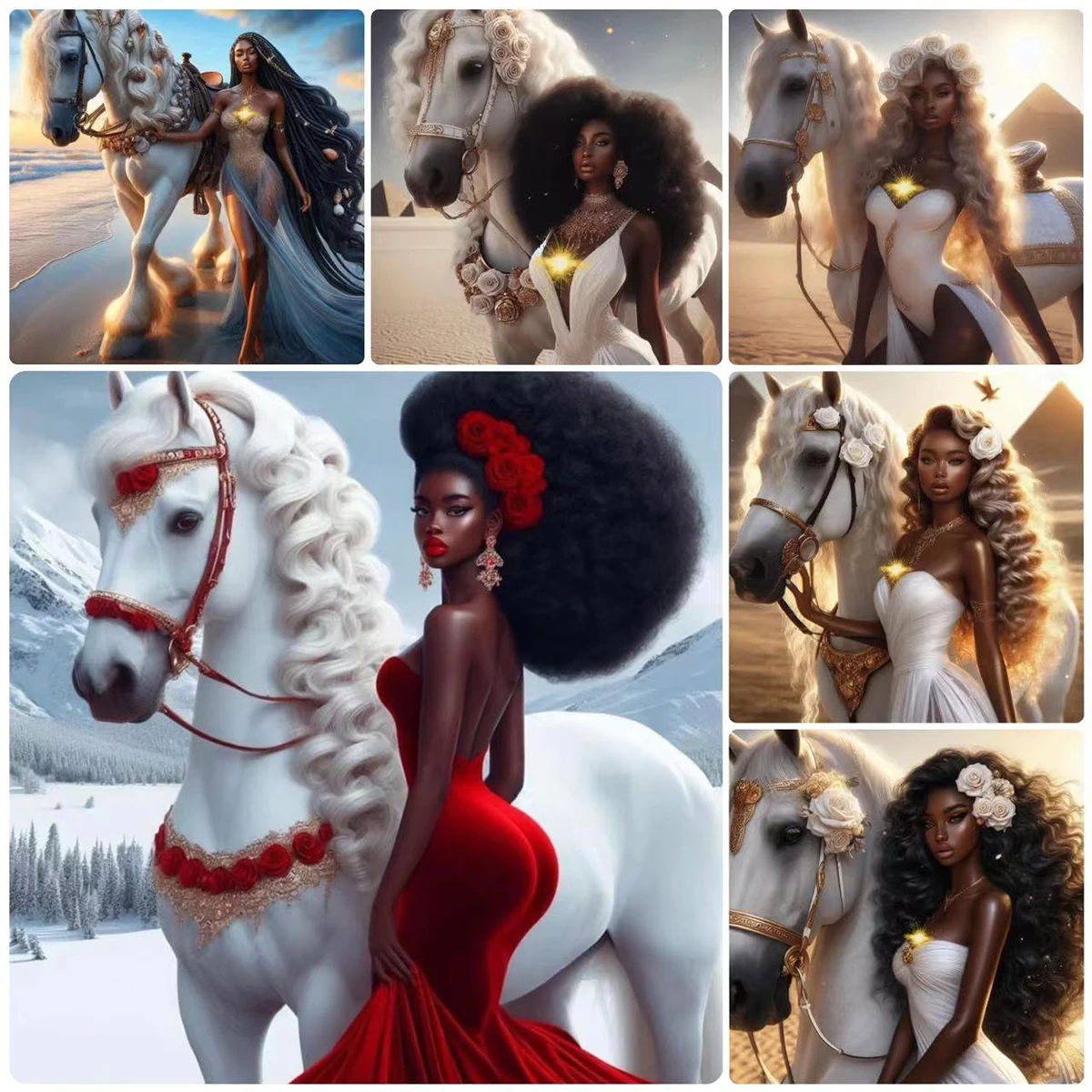 

African Woman and White Horse 5D DIY Diamond Painting Cross Stitch Kits Fantasy Portrait Diamond Mosaic Embroidery Home Decor