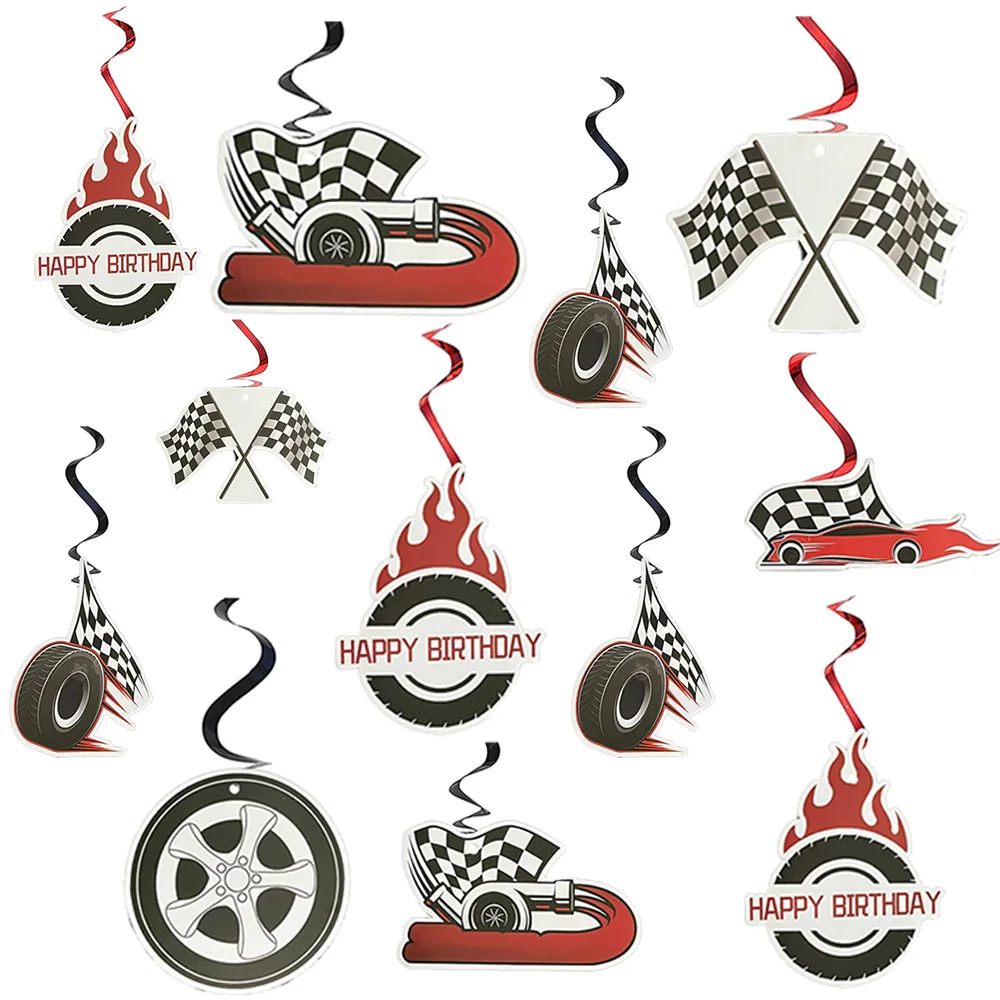 

6 Pcs Race Car Birthday Party Hanging Swirls Decorations Checkered Flags Racing Foil Ceiling Decor Kids Baby Shower Supplie