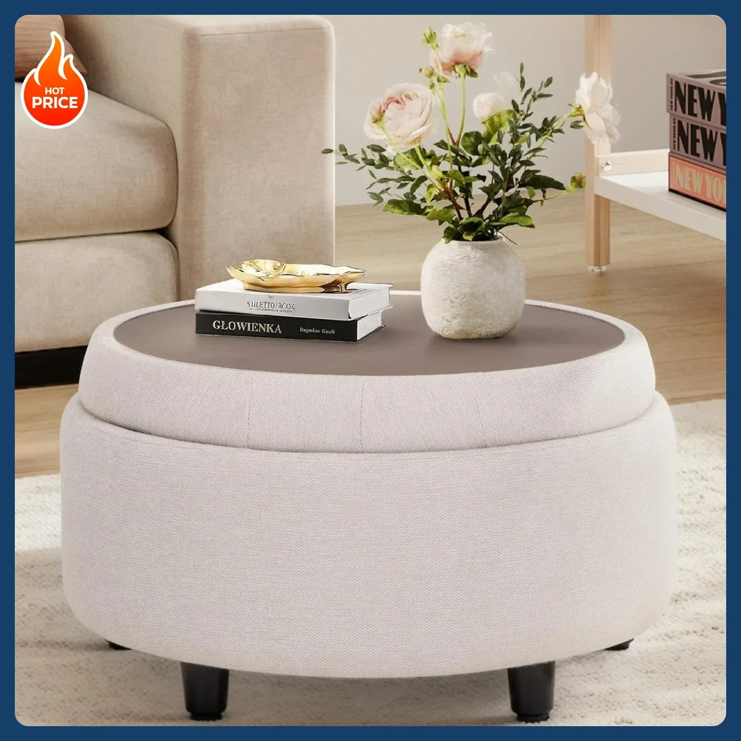 

[Best Seller!]Fabric Round Storage Ottoman with Reversible Tray Lid – Multi-Functional Footrest, Hidden Storage, Sturdy & Stylis
