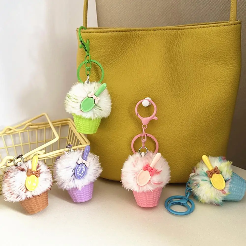 Fluffy Bag Charm Dessert Shape Pendant Plush Ice Cream Keychain with Spoon Fluffy Dessert Car Charm Decorative for Backpacks