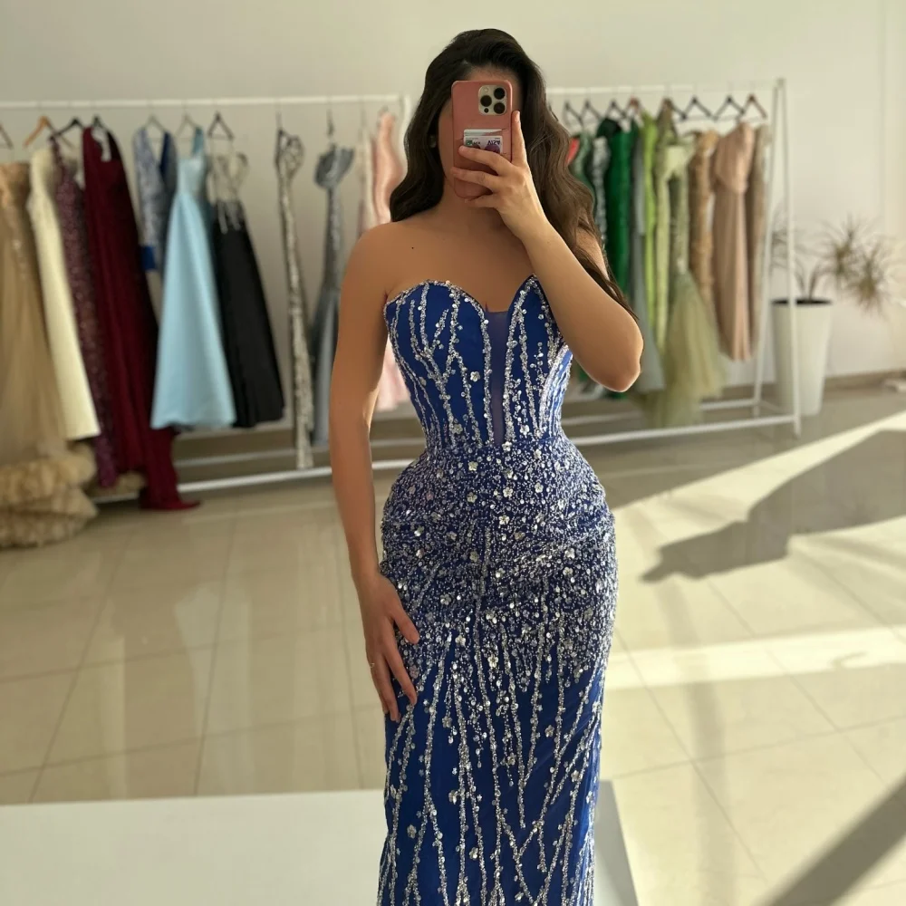 Sansa Dubai Navy Blue Beading Column Prom Dresses Strapless Customized جديد في الفساتين Floor-Length Evening Dress 2025 image 3