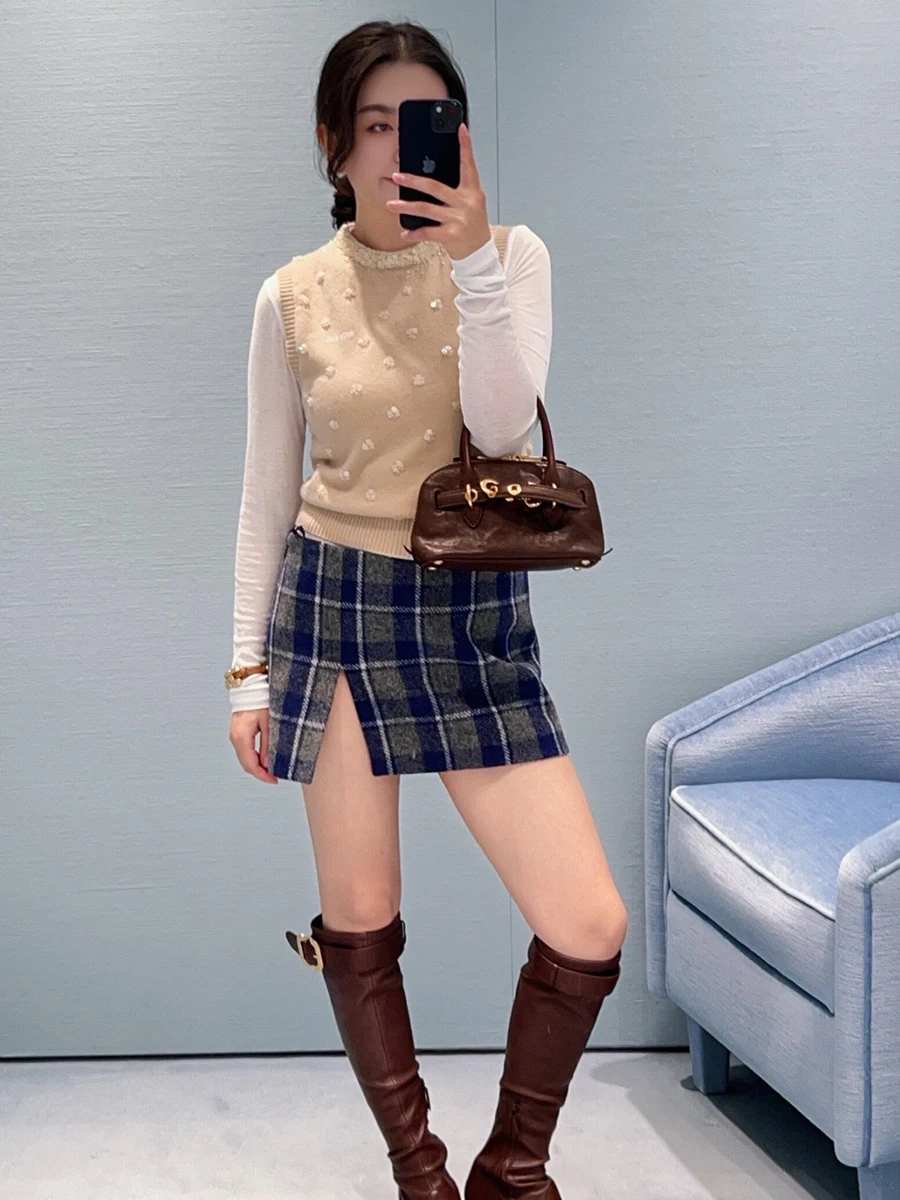 SDLR Anti-Aging Academy Miu Style Versatile Half-length Skirt A-Line Split Plaid Short Skirt Breathable Woolen Daily Wear