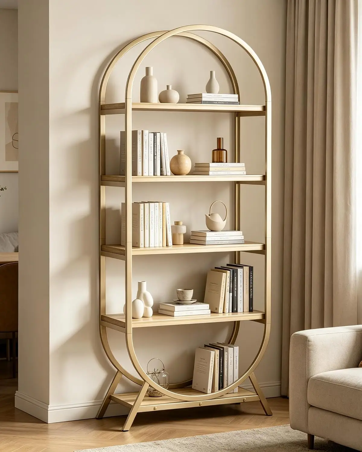 Arched 5 Tier Freestanding Bookshelf Industrial Metal Frame Nature Wood Gold 72 Inch Tall Open Display Rack Home Office Living R