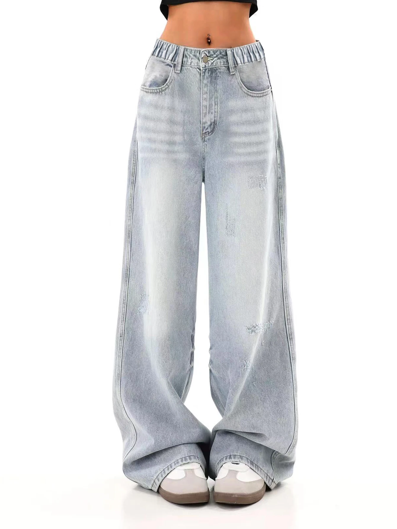 

Washed Light Blue Junior Girls' Casual Wide Leg Straight Jeans Simple Basic Long Loose Fit Denim Pants for Teens And Tweens