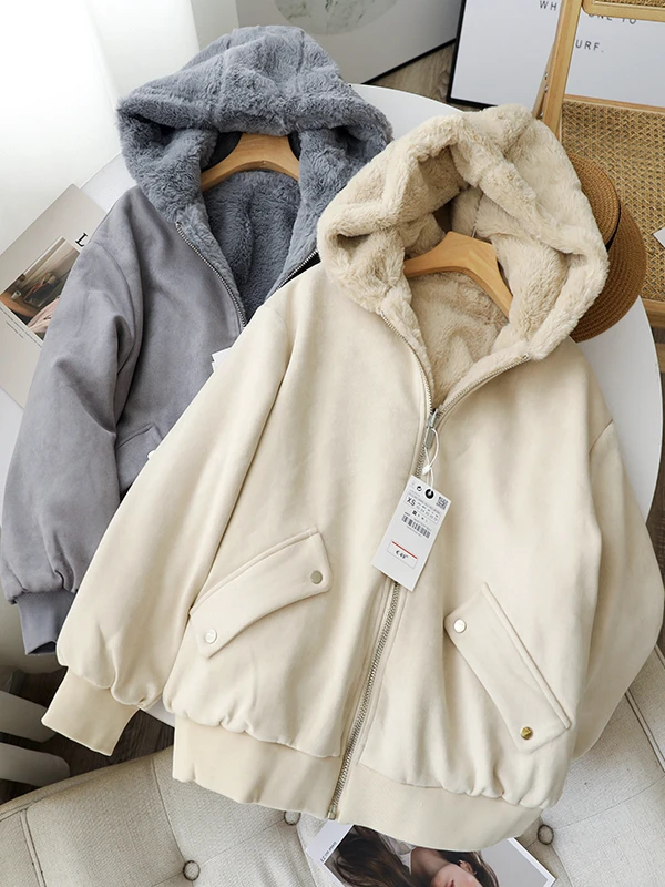 

Двусторонняя утепленная флисовая куртка свободного кроя с капюшоном из овечьей шерсти, замшевое бархатное теплое пальто, хлопковый костюм для женщин