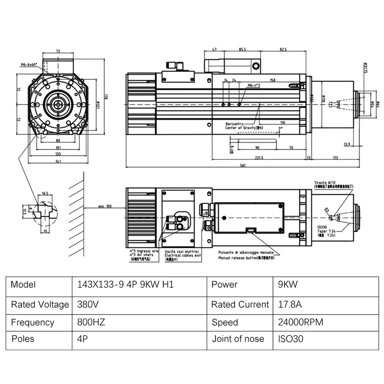 Cnc Spindle Motor ISO30 9KW 24000rpm Automatic Tool Changing Atc Machine Tool Spindle