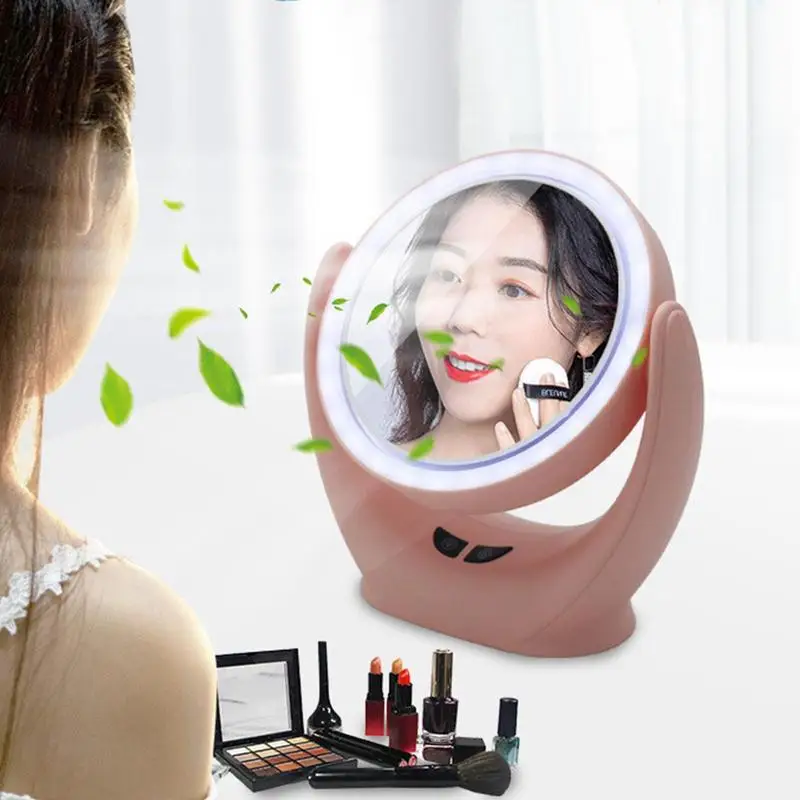 Small Fan Vanity Mirror 360 Degree Rotation Light Up Vanity Mirror Multifunctional Skin Care Tool Portable Makeup Supplies For