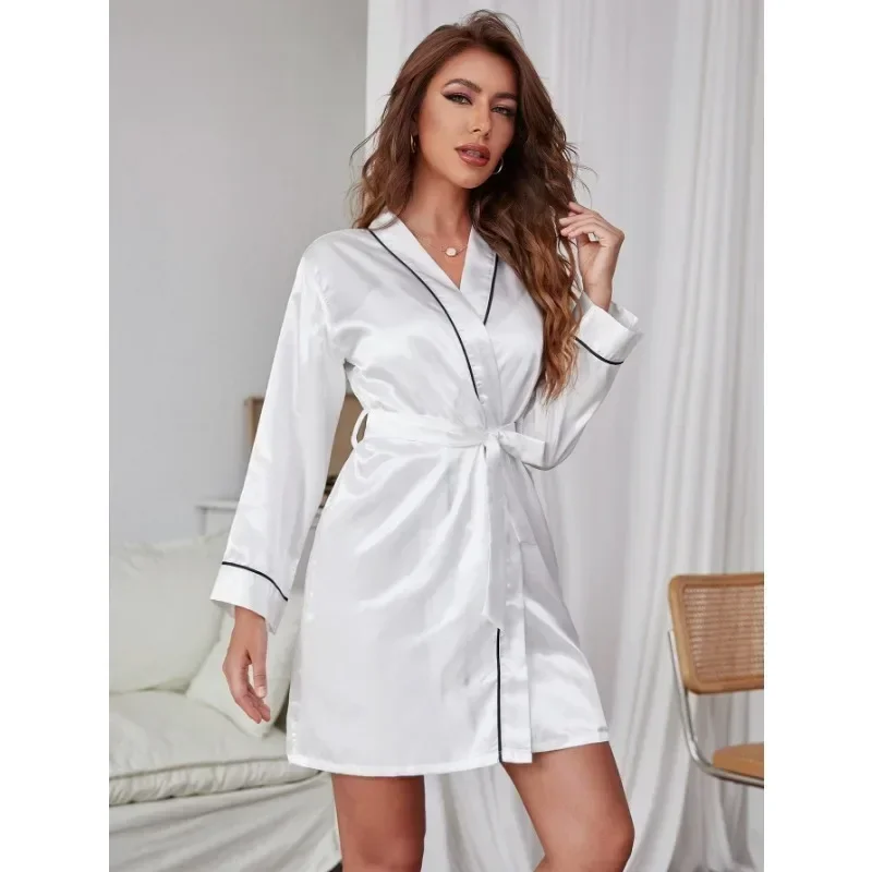 Colarinho feminino comprimento médio pijama, seda imitação elegante, roupa sexy para casa, cinto preto puro roupão e camisola, novo