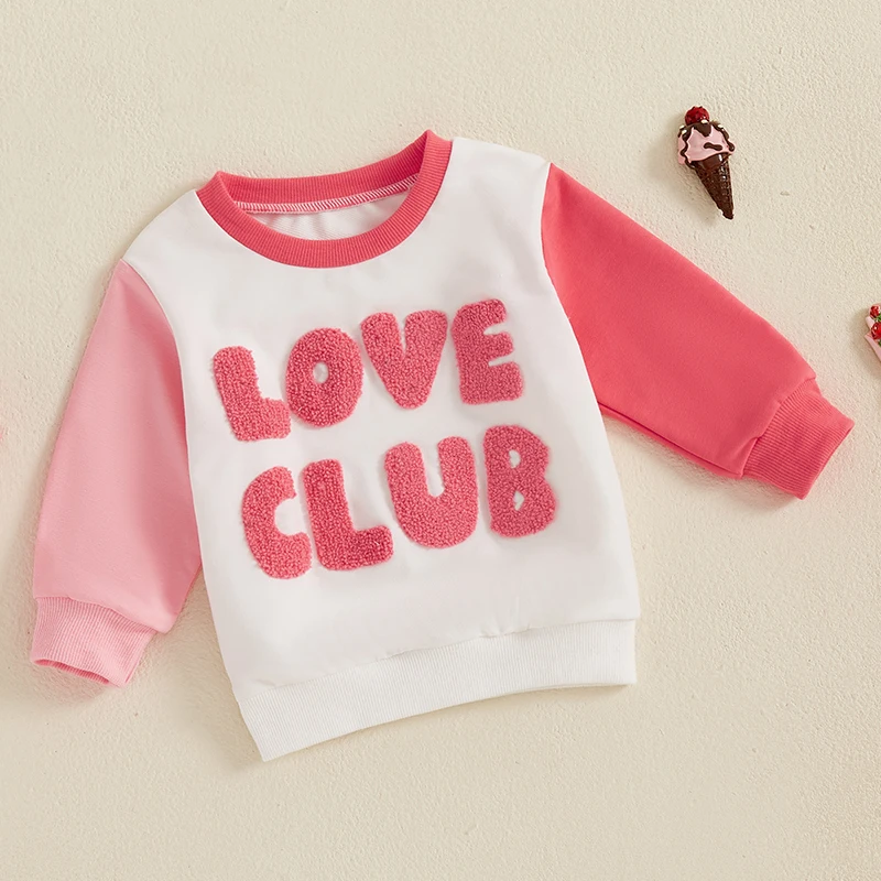 Girl Valentine s Day Sweatshirt Letter Embroidered Contrast Color Long Sleeve Round Neck Casual Tops