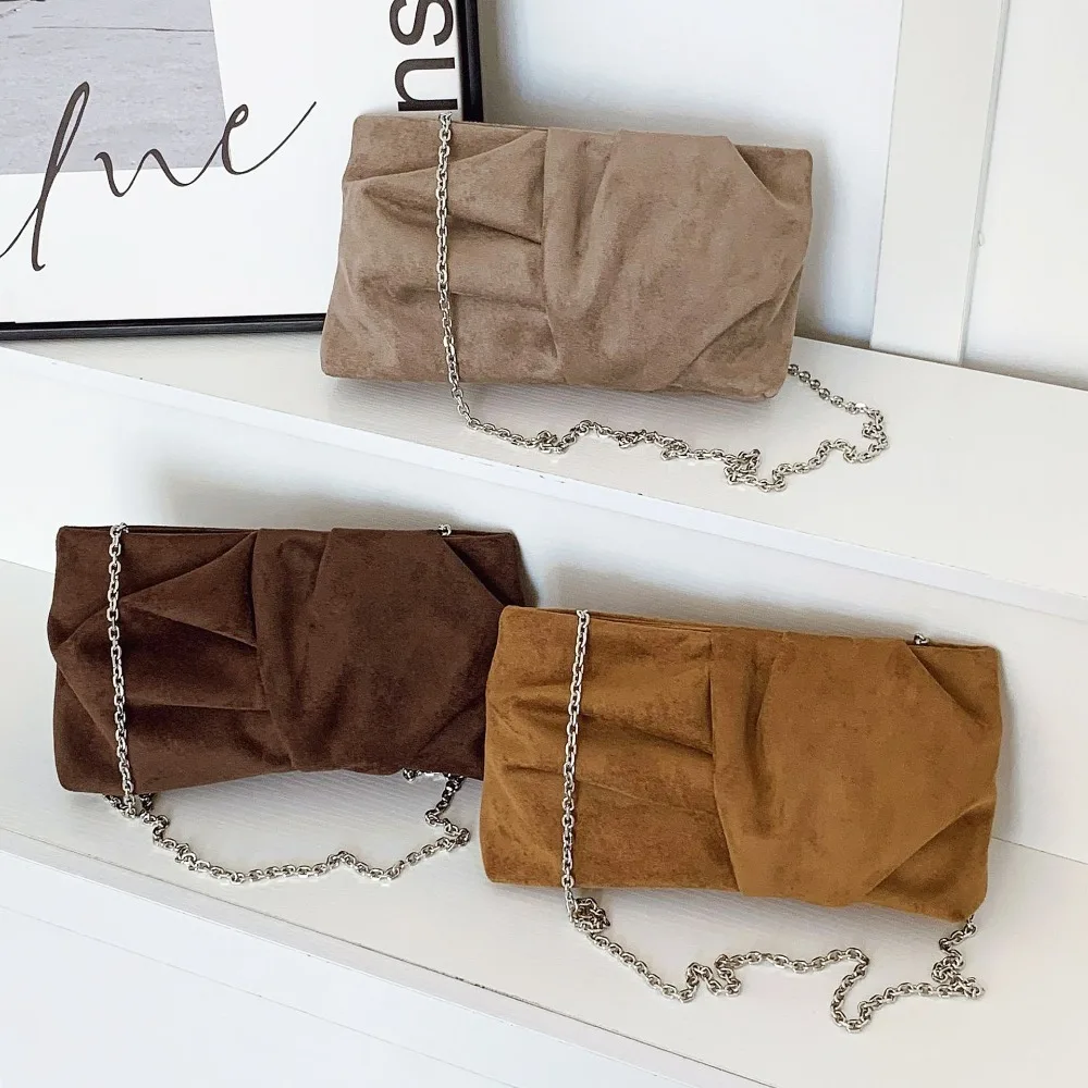 

European American Retro Pleated Bow Suede Clutch Handbag with Stylish Chain Crossbody Bag Fashion Women Purse