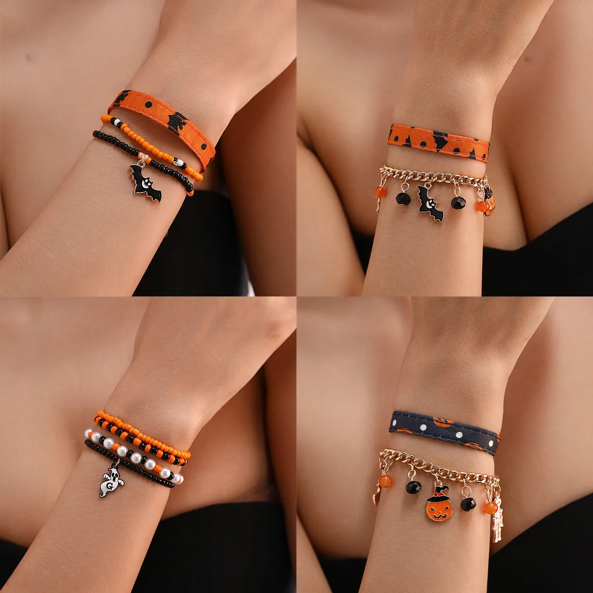 Gothic Halloween Bracelet Seed Beads Metal Vegan Leather Bat Pumpkin Ghost Charm Spooky Jewelry for Girls
