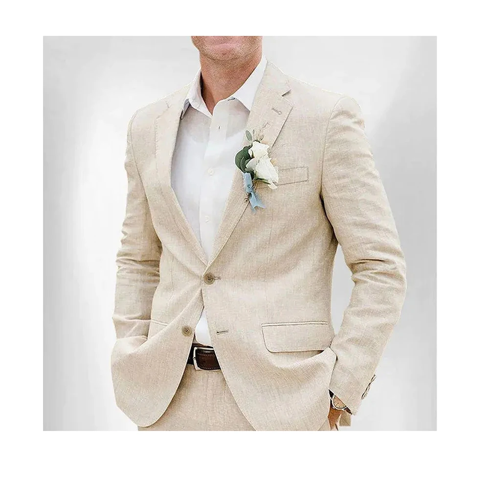 Wedding Suit for Men 2 Piece Jacket Pants Elegant Luxury Beige Linen Groom Set Slim Fit Smart Formal Business Men\'s Clothing