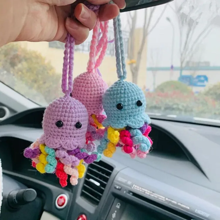 Popular Online Car Hangers Handmade Crochet Knitted Cartoon Octopus Car Rearview Mirror Cute Decoration