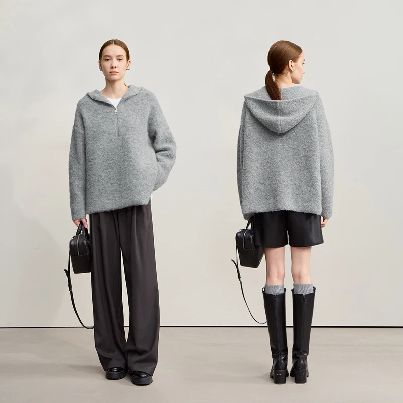 AMII Damenpullover mit Kapuze, 2025, Winter, neue Schulterärmel, Reißverschluss, lockerer Pullover für Damen, lässig, Strickpullover, Oberteil 12554064