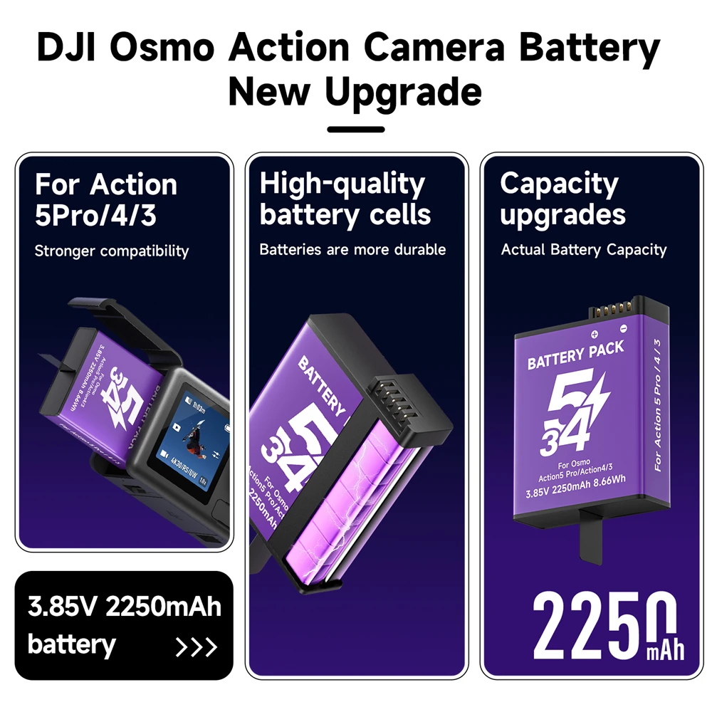 Для DJI Osmo Action 5 Pro Action 4 Аккумулятор 2250 мАч Action 3 5 Сменный аккумулятор для камеры с зарядным устройством для быстрой зарядки Type-C