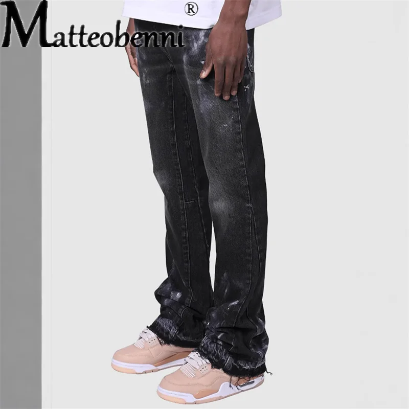 

2025 Men Fashion Street Straight Jeans Work Pants Punk Style Workwear Elastic Patchwork Four Seasons Casual Denim Layered Pants