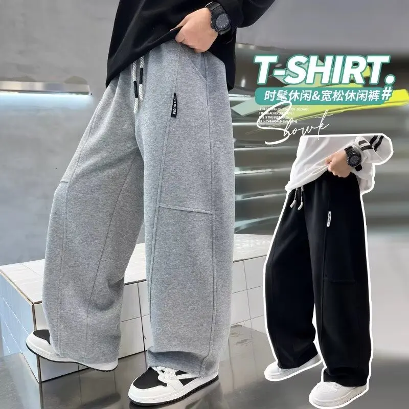 Teenager Boys Casual Sports Pants Autumn 5-10Y Kids Wide Leg Sweatpants Streetwear Loose Trousers Children Elastic Waist Pants