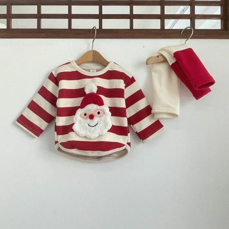 Autumn Winter Kid Patch Santa Claus Striped Long Sleeves T-shirt Girl Infant Cotton Love Casual Tops Boy Children Christmas Tees