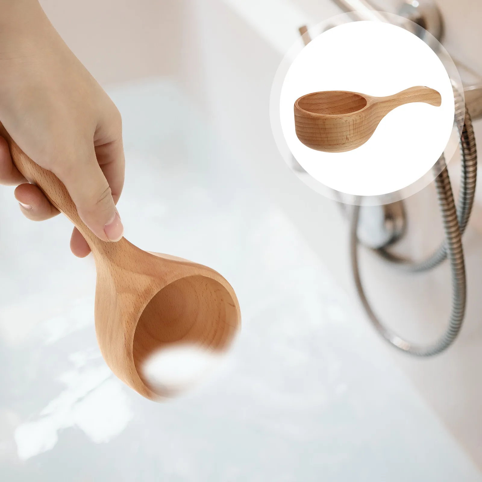 1Pcs Natural Wood Bath Spoon Premium Beech Material Rounded Edges Safe Grip for Sauna Kitchen Bathroom Water Scoop Multi-Purpose