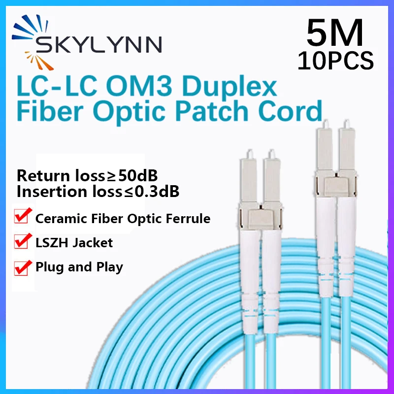 5m-10pcs-lc-upc-lc-upc-duplex-30mm-om3-10gb-fiber-optic-patchcord-aqua-lszh-jacketed-patch-cord-fiber-customizable