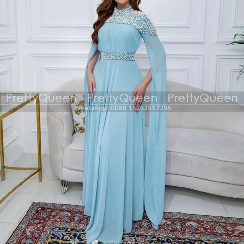 High Neck Heavily Beaded Mother of the Bride Dresses With Long Sleeves A Line Arabic Women Blue Chiffon Prom Dress Customized