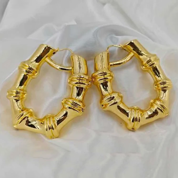 Simple Hotsale Bamboo Joint Huge Hoops Women's Earring Pierced Electroplated Gold Copper Alloy Color Large Earring For Party