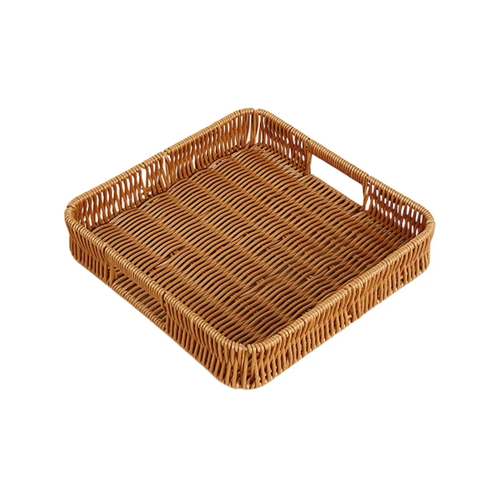 Decorative Woven Basket Tray with Handles Square Rattan Style Serving Platter for Snacks Breakfast Drinks Home Kitchen